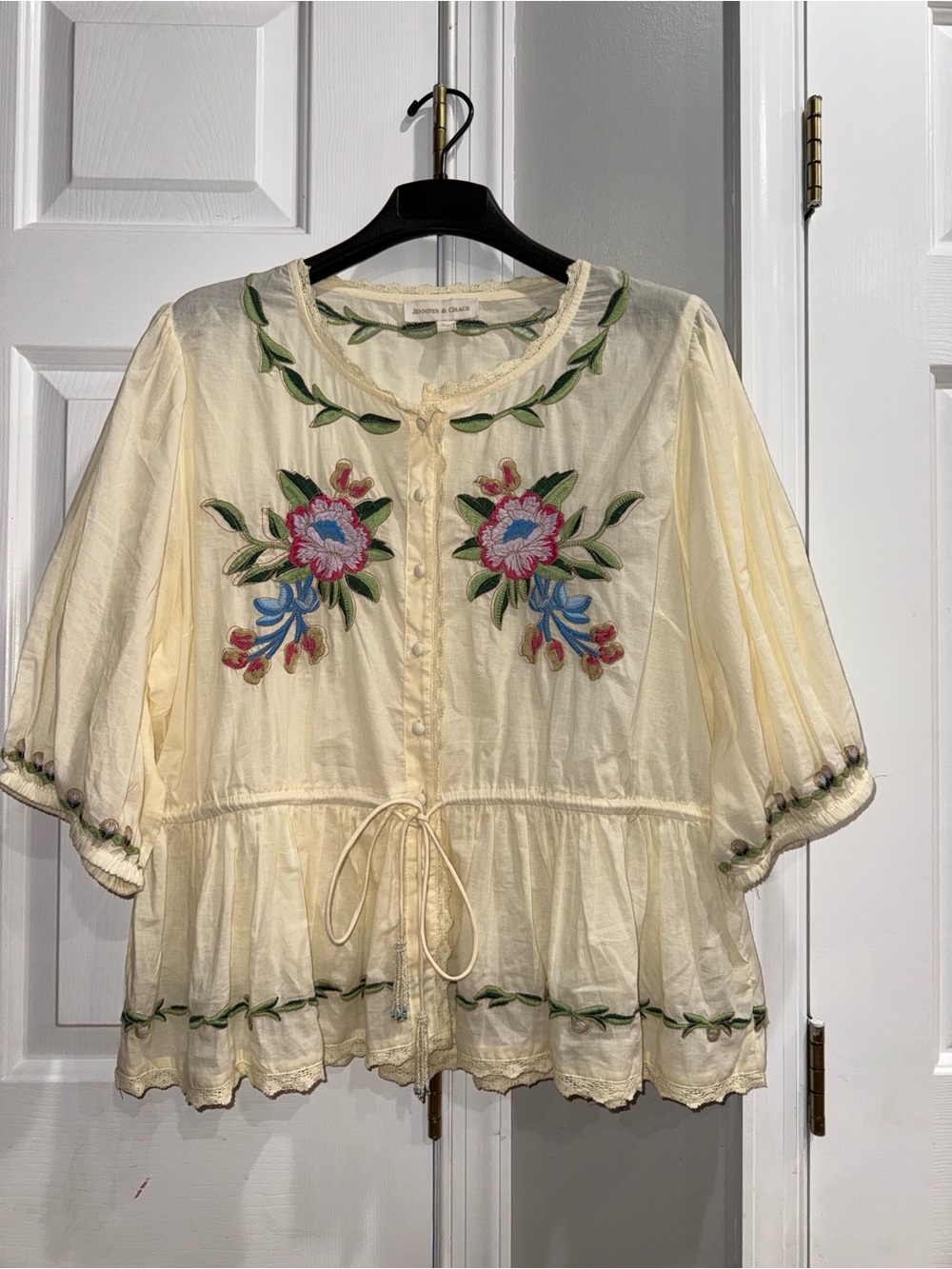 Cream Floral-Embroidered Peasant Blouse with Drawstring NWOT - Picture 4 of 6